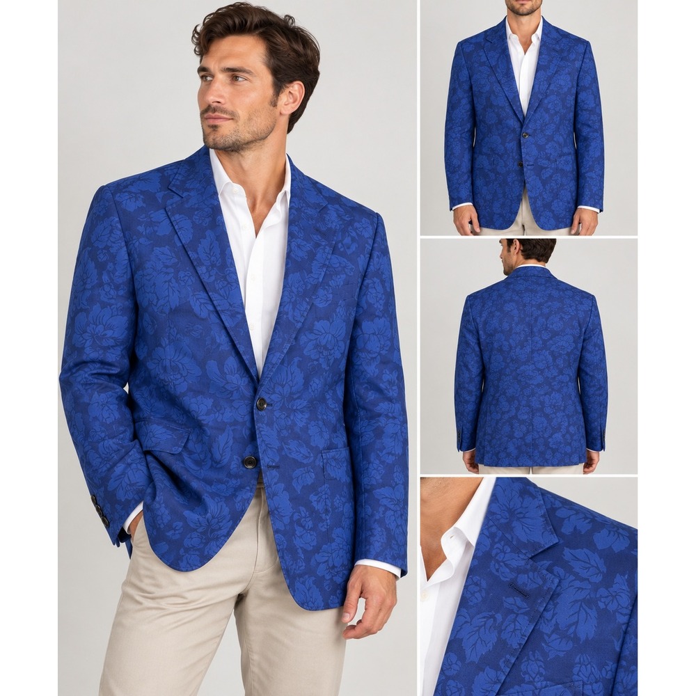 RODA Mens Blue Floral Jacquard Cotton Linen Two Button Sport Coat Blazer 48
